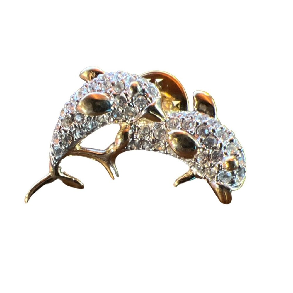 Dolphin-Themed Gold Tone Rhinestone Encrusted Brooch Pin - Picture 1 of 11